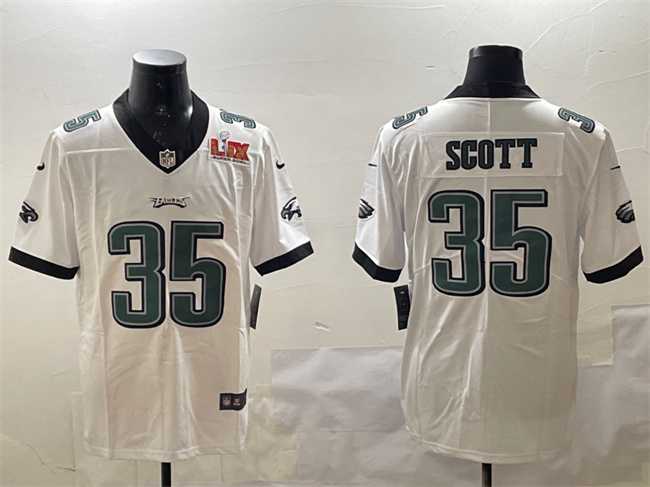 Mens Philadelphia Eagles #35 Boston Scott White 2025 Super Bowl LIX Patch Vapor Untouchable Limited Stitched Jersey